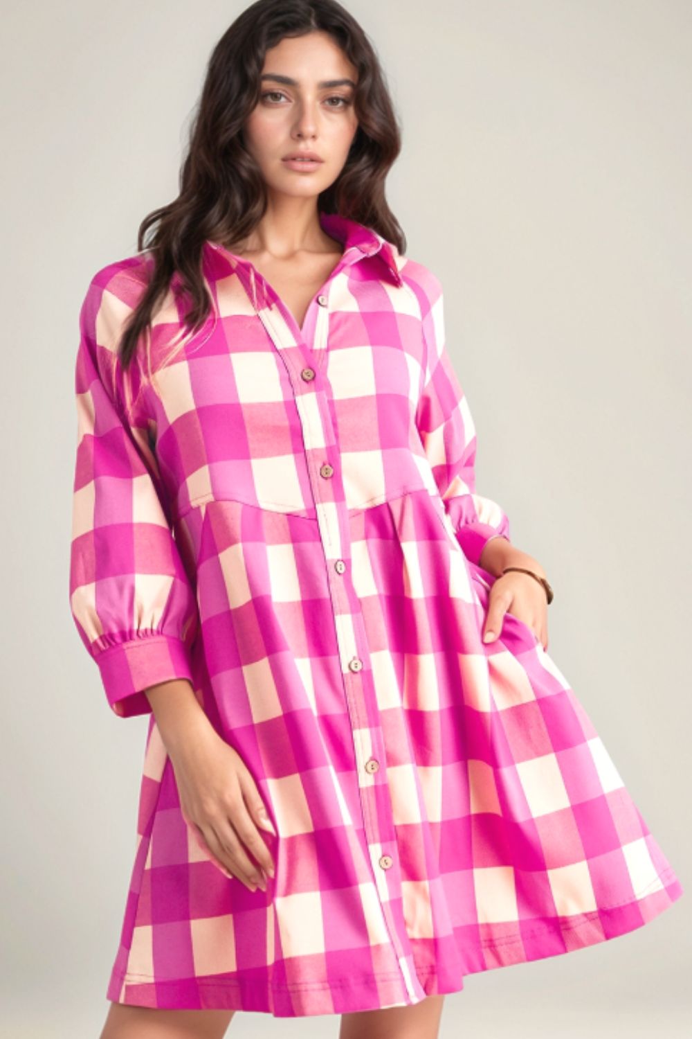 Ruched Plaid Three-Quarter Sleeve Shirt Dress