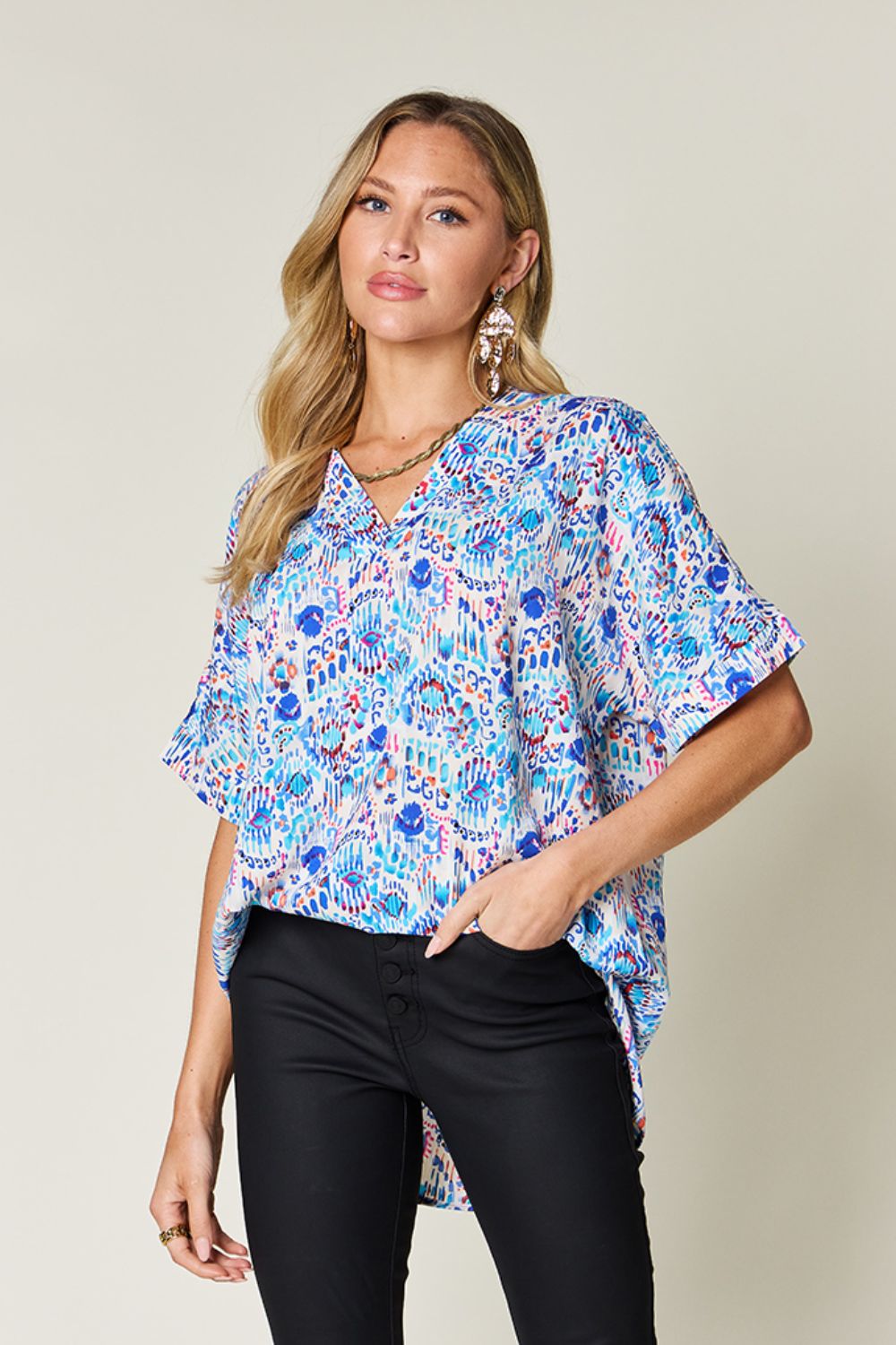 Double Take Full Size Printed V-Neck Short Sleeve Blouse