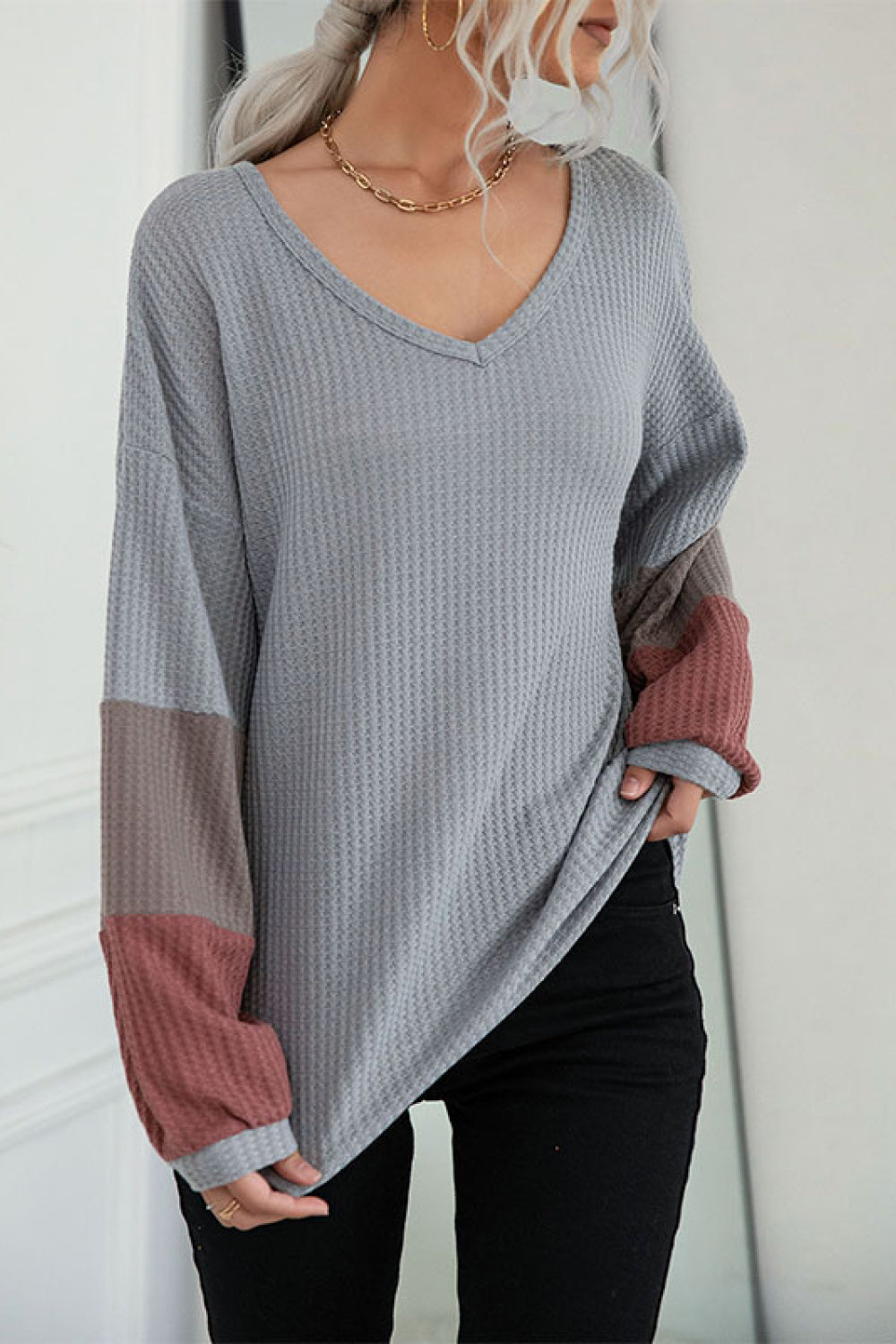 Perfee Color Block Sleeve Waffle Knit Tee