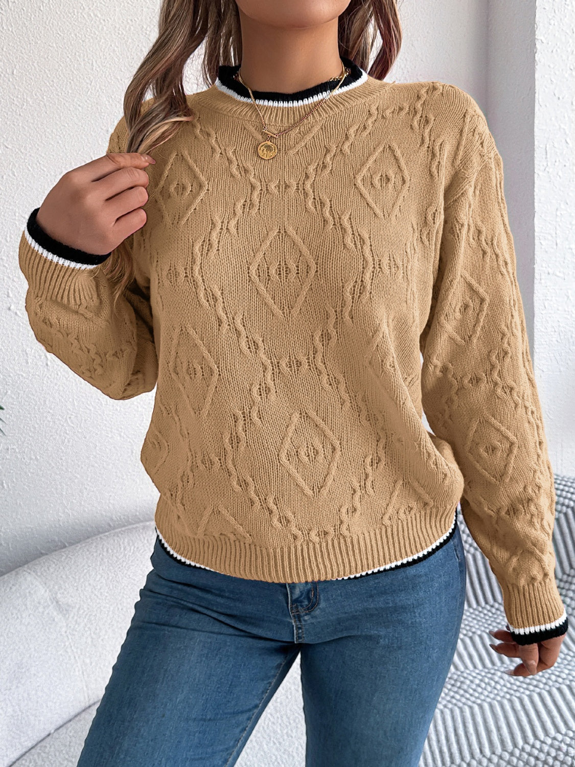 Contrast Trim Round Neck Long Sleeve Sweater