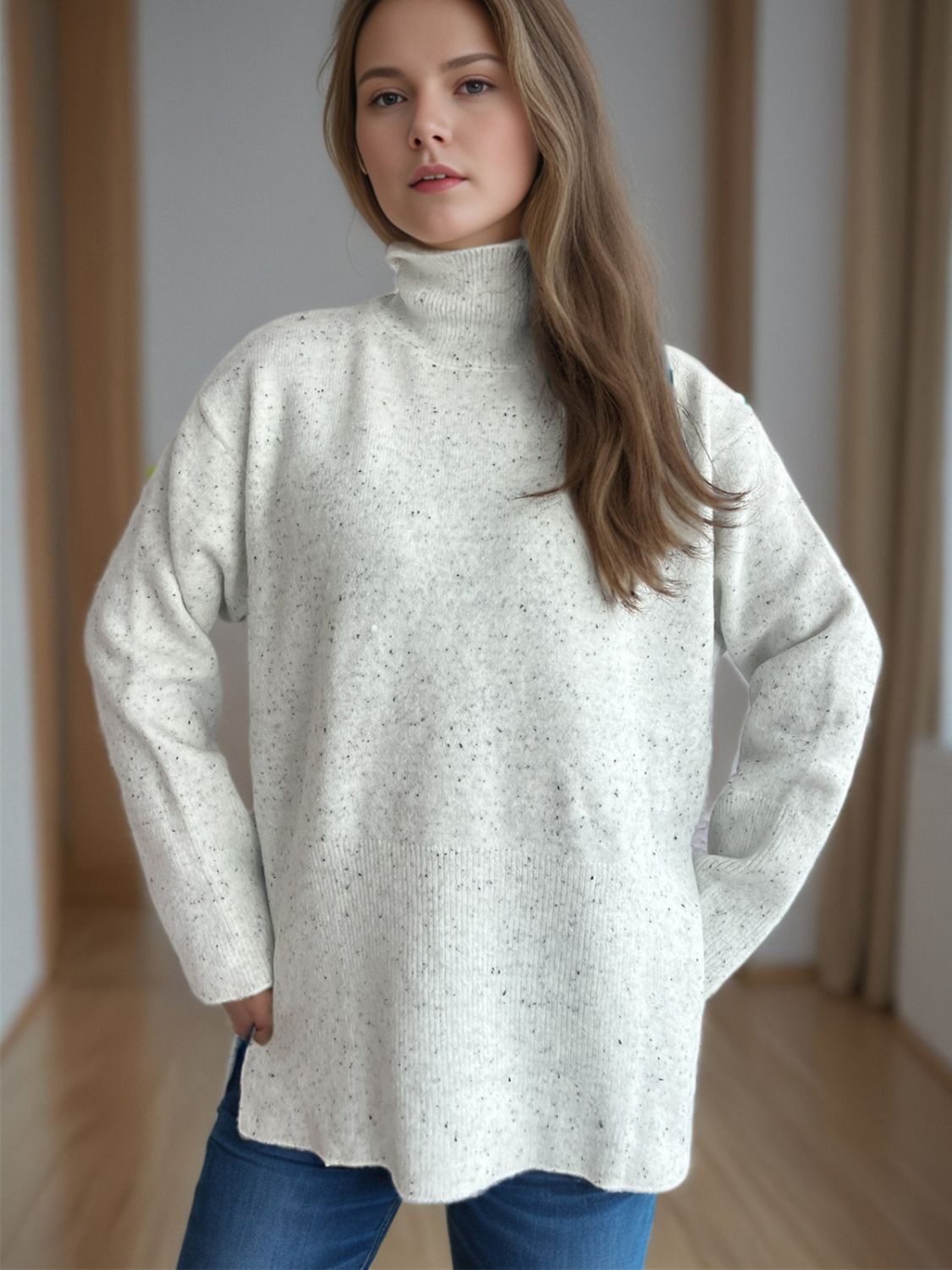 Side Slit Turtleneck Long Sleeve Sweater