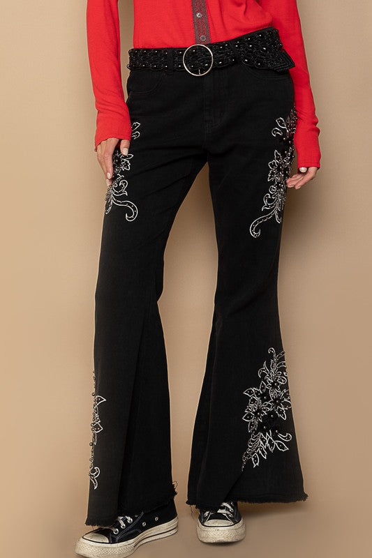 POL Raw Hem Embroidered Flare Pants