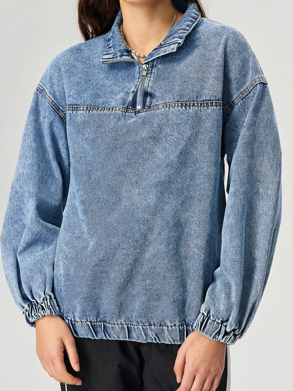 Quarter Zip Collared Neck Denim Top