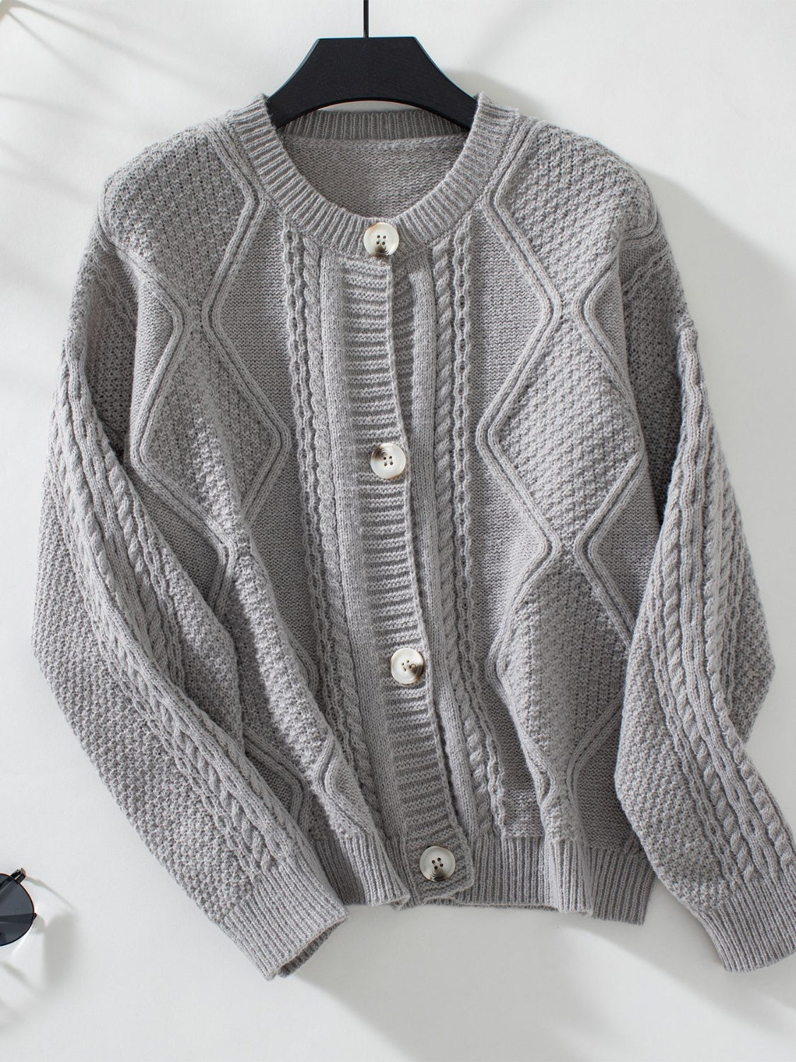 Cable-Knit Round Neck Button Up Cardigan