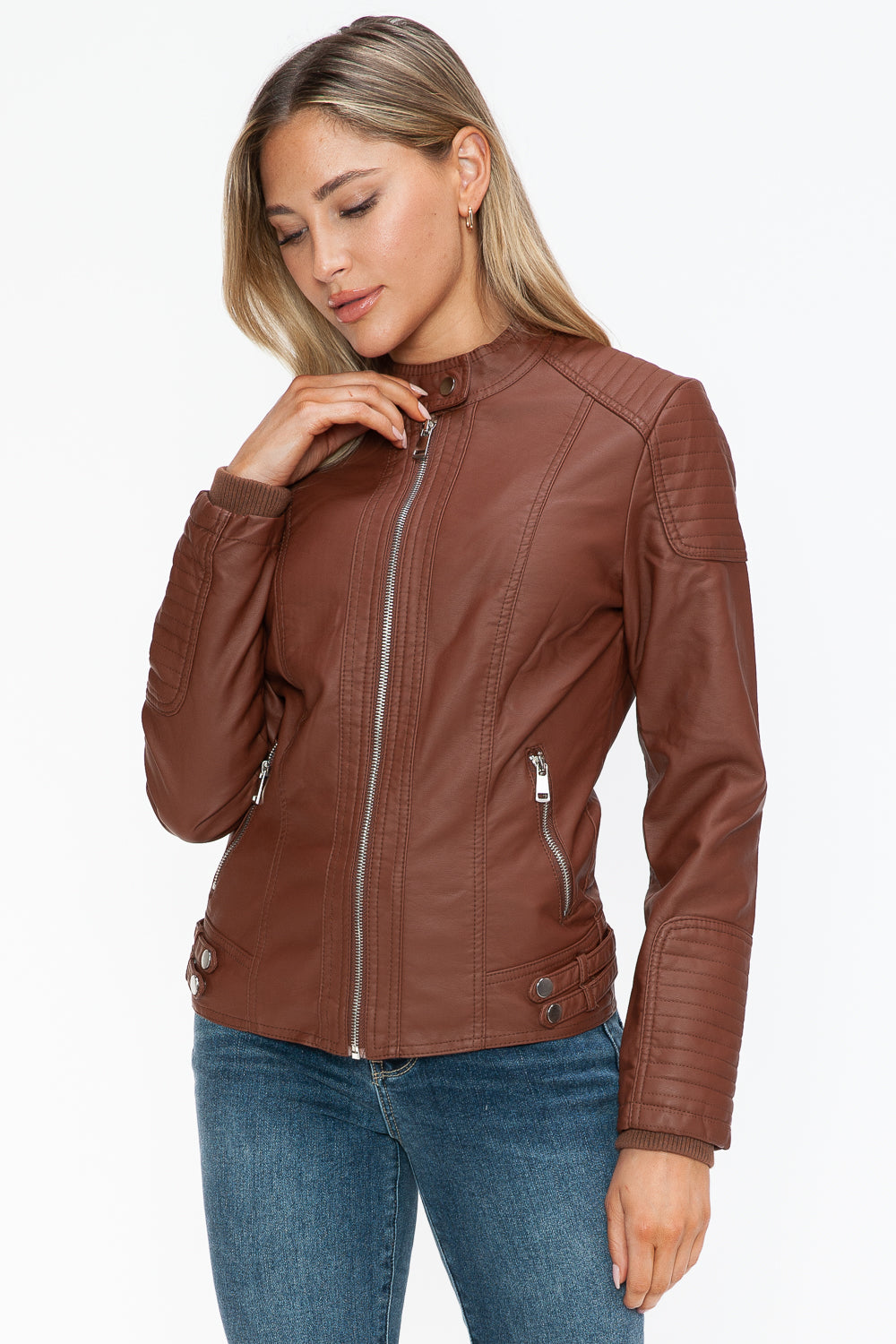 Snobbish Faux Leather Biker Jacket with Side Zip Pockets