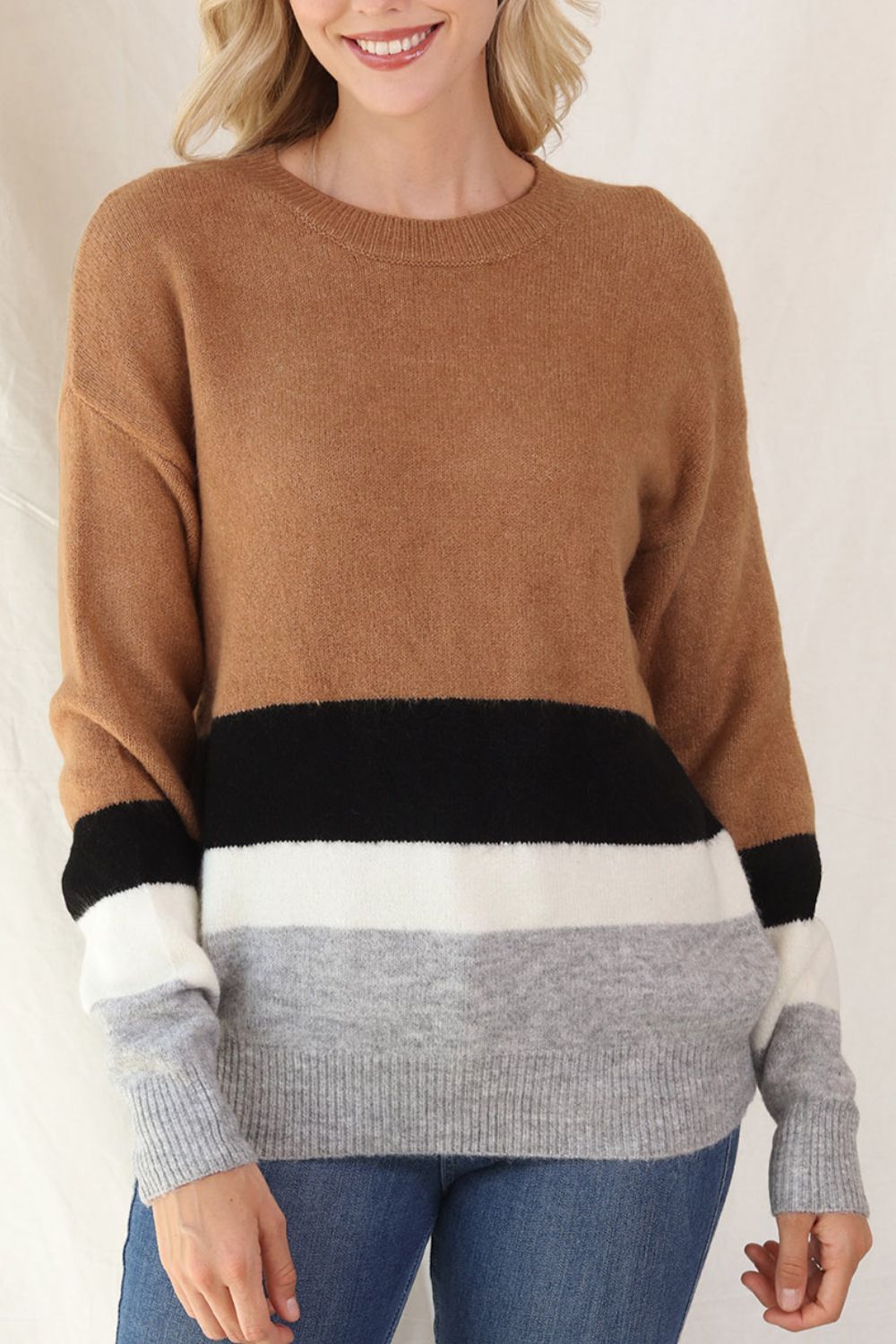 Color Block Round Neck Dropped Shoulder Sweater