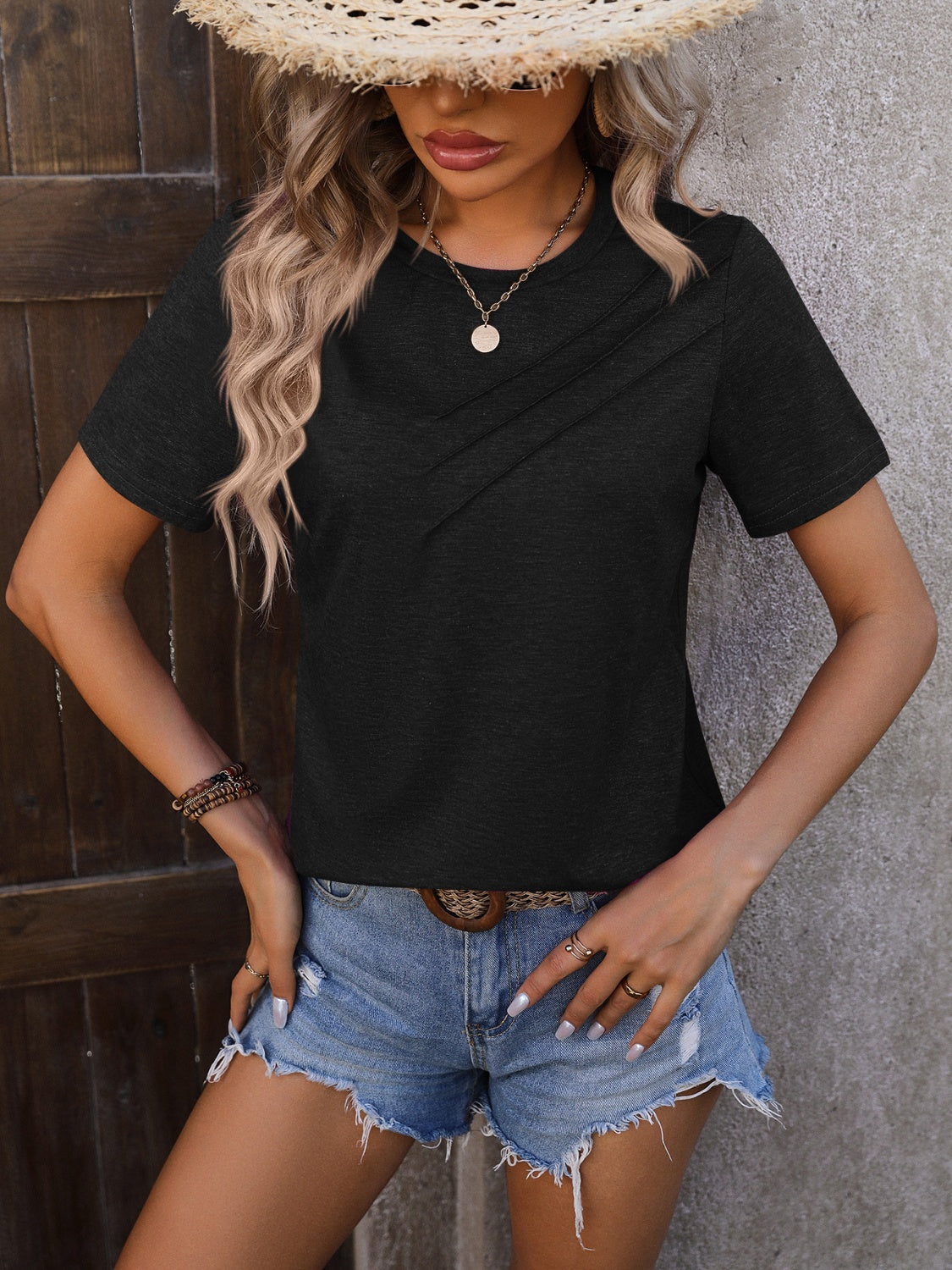 Mandy Heathered Round Neck Short Sleeve T-Shirt