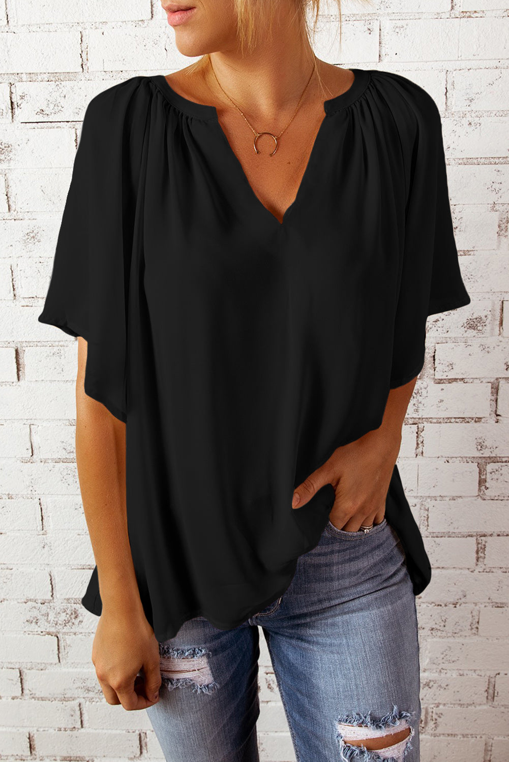 Gathered Detail Notched Neck Flutter Sleeve Top