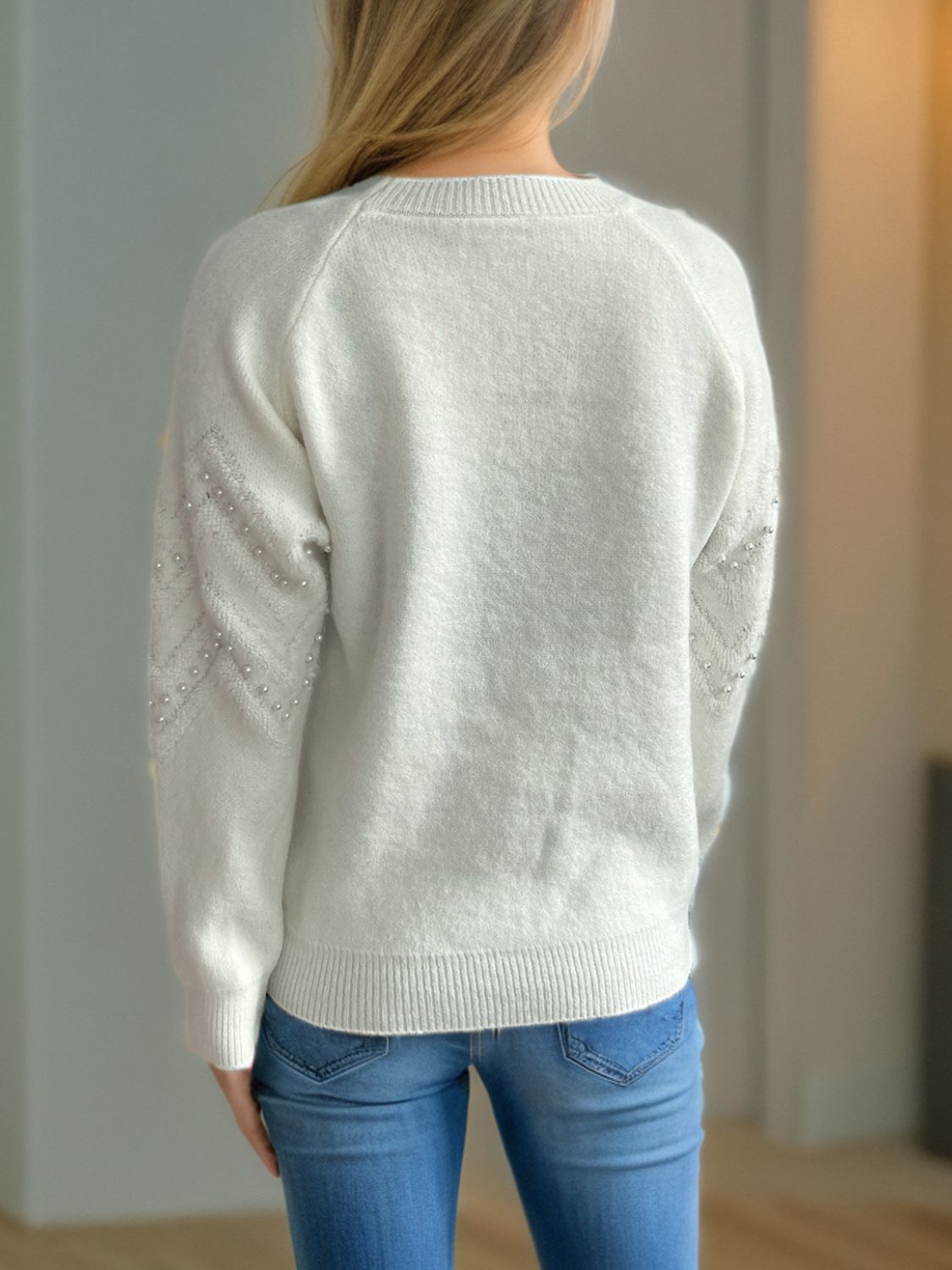 Pearl Trim Round Neck Raglan Sleeve Sweater