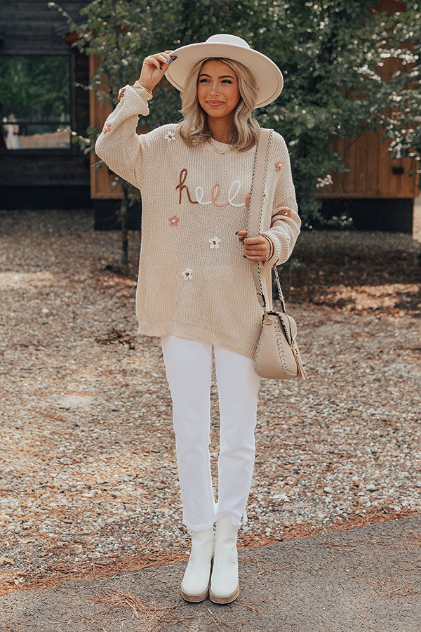 HELLO Flower Round Neck Long Sleeve Sweater