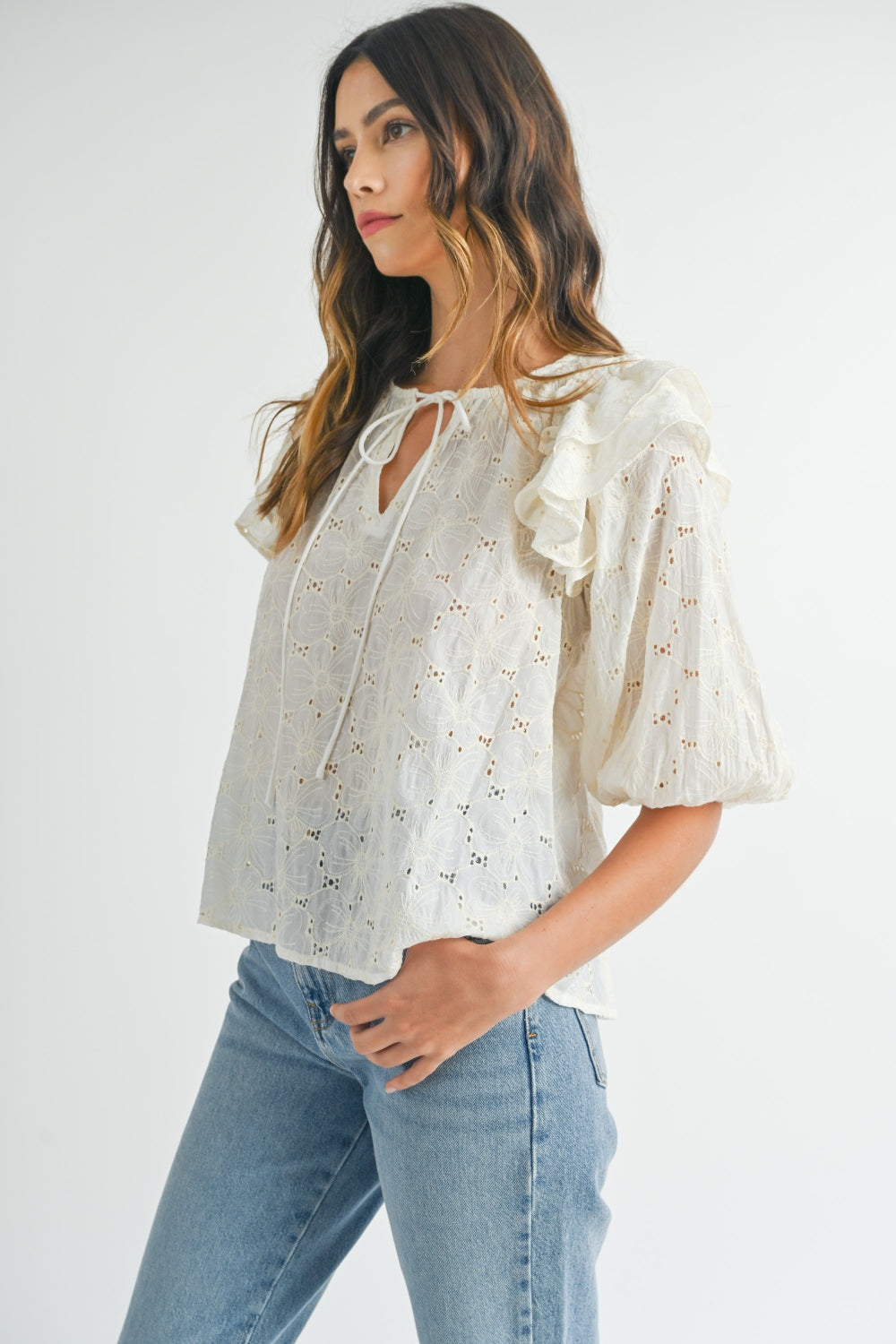 MABLE Eyelet Lace Ruffle Shoulder Puff Sleeve Blouse