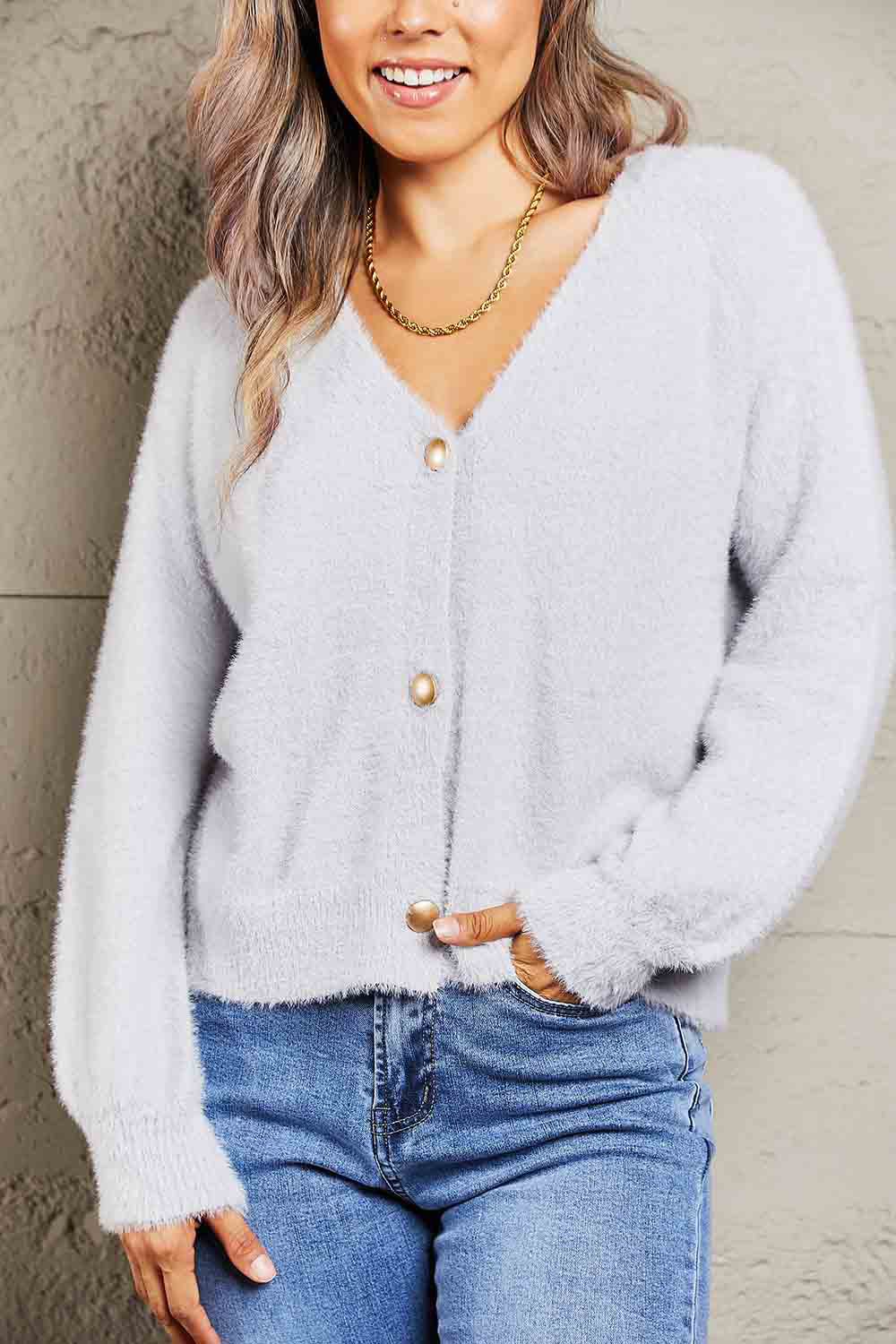 Fuzzy Long Sleeve Button Down Cardigan