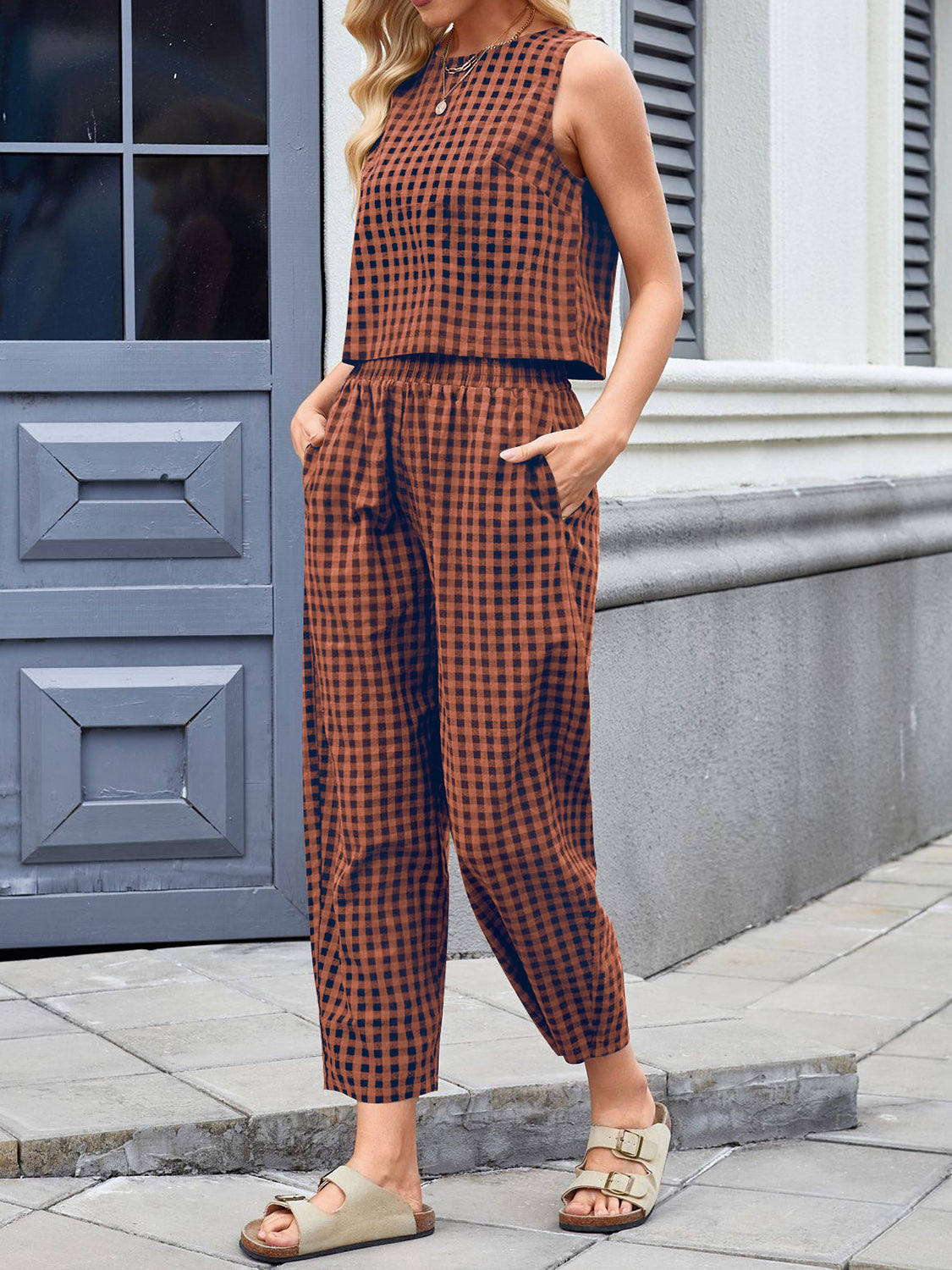 Lovelet Plaid Round Neck Sleeveless Top and Pants Set