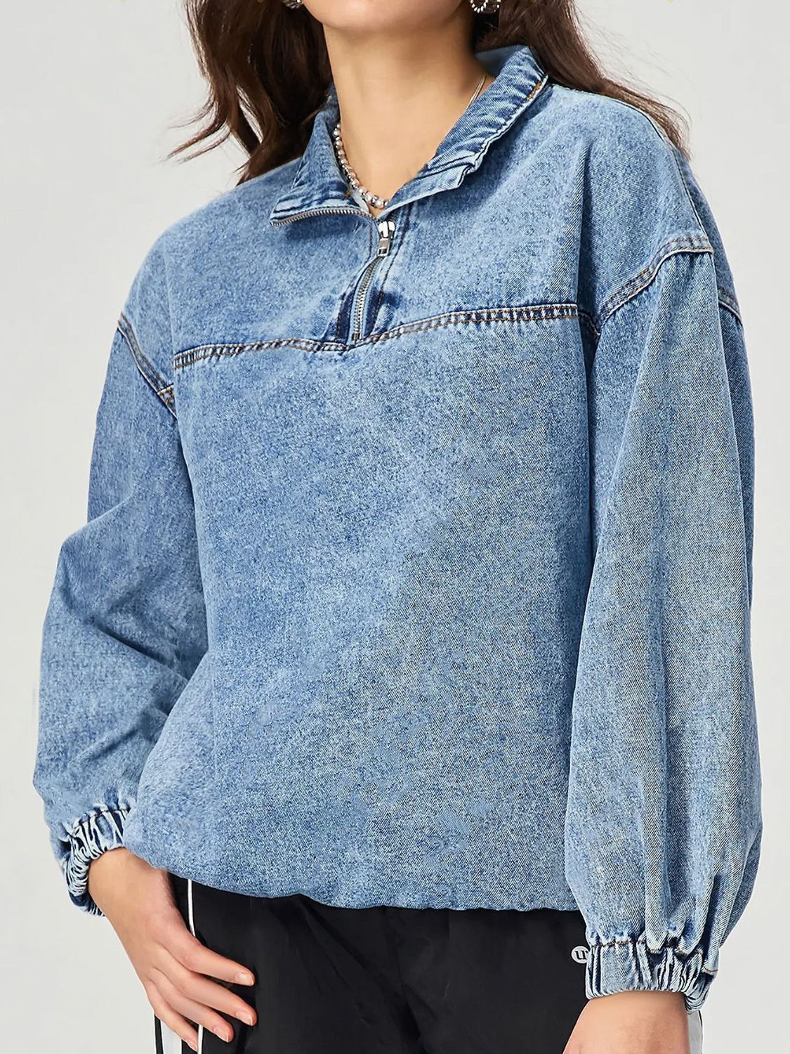 Quarter Zip Collared Neck Denim Top