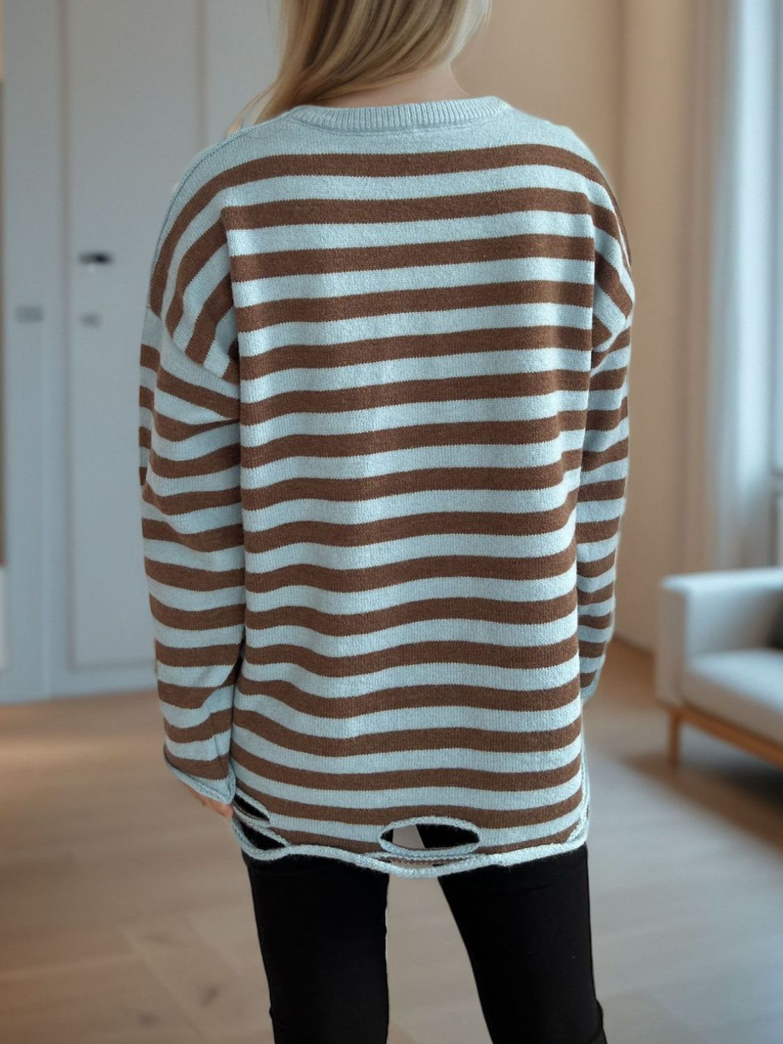 Distressed Striped Round Neck Long Sleeve Sweater