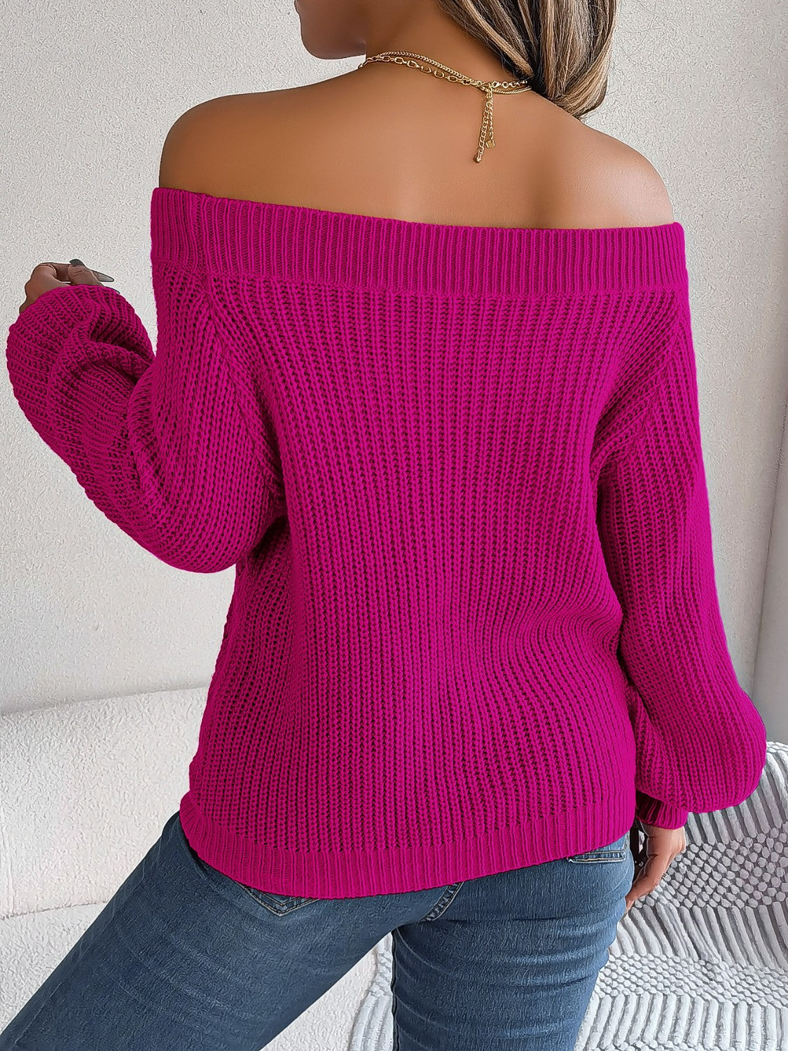 Openwork Off-Shoulder Long Sleeve Sweater