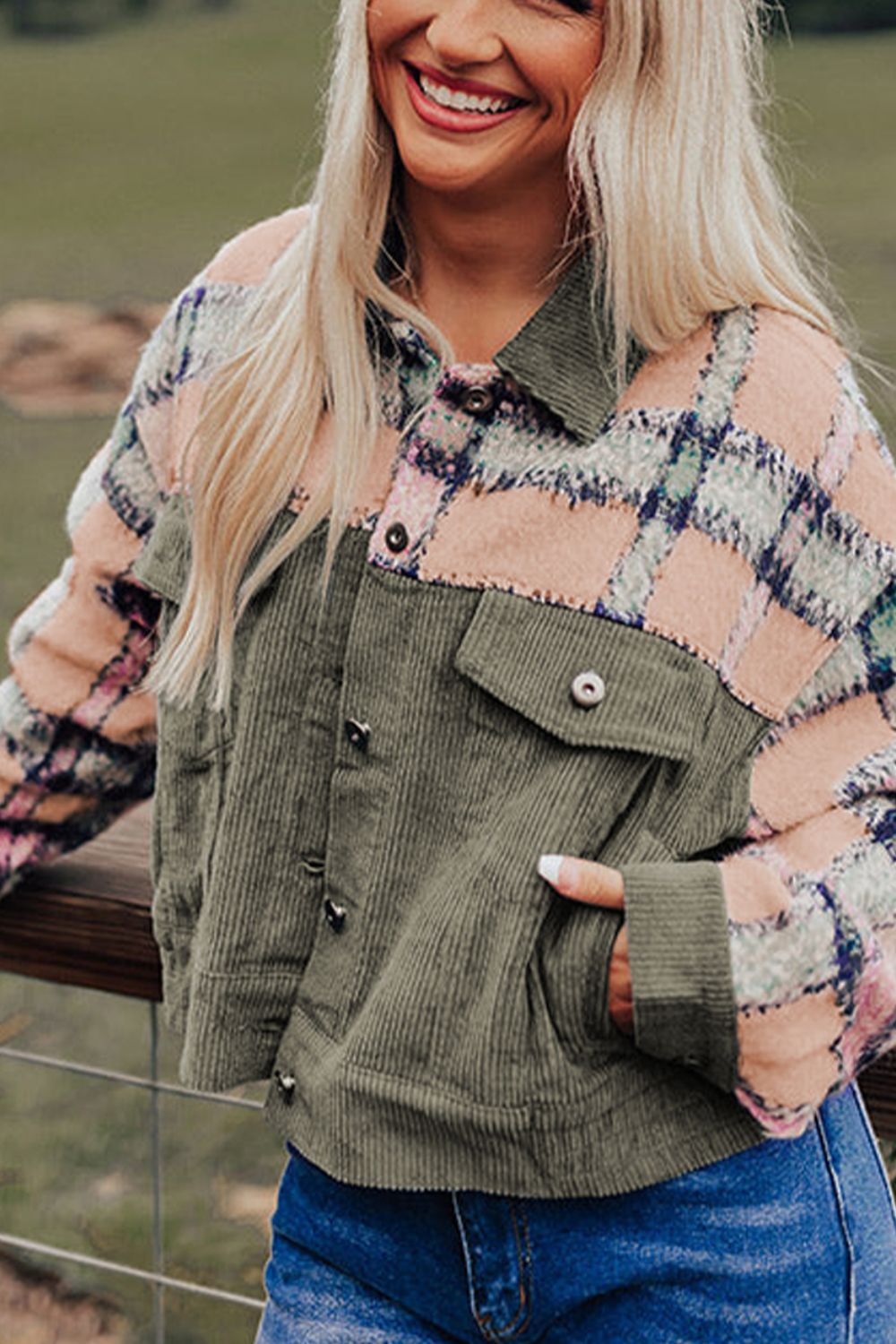 Plaid Corduroy Flap Pockets Button Up Jacket