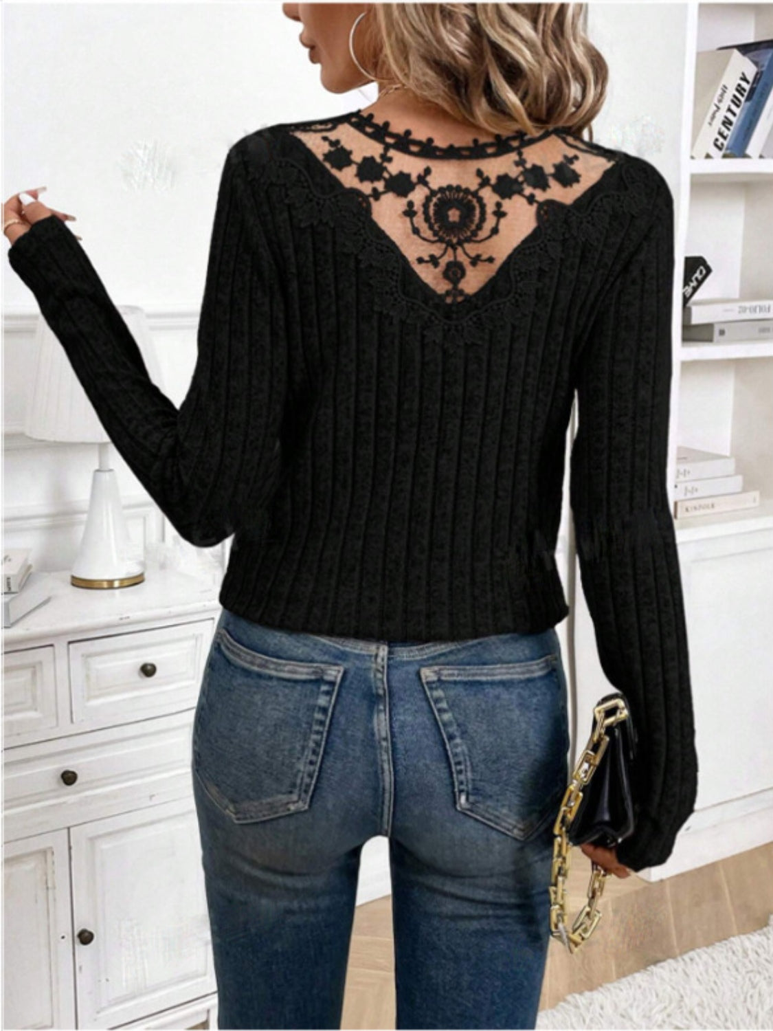 Lace Detail V-Neck Long Sleeve T-Shirt