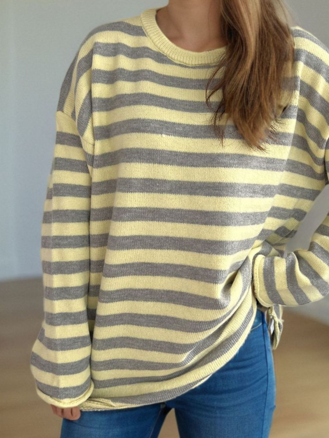 Distressed Striped Round Neck Long Sleeve Sweater