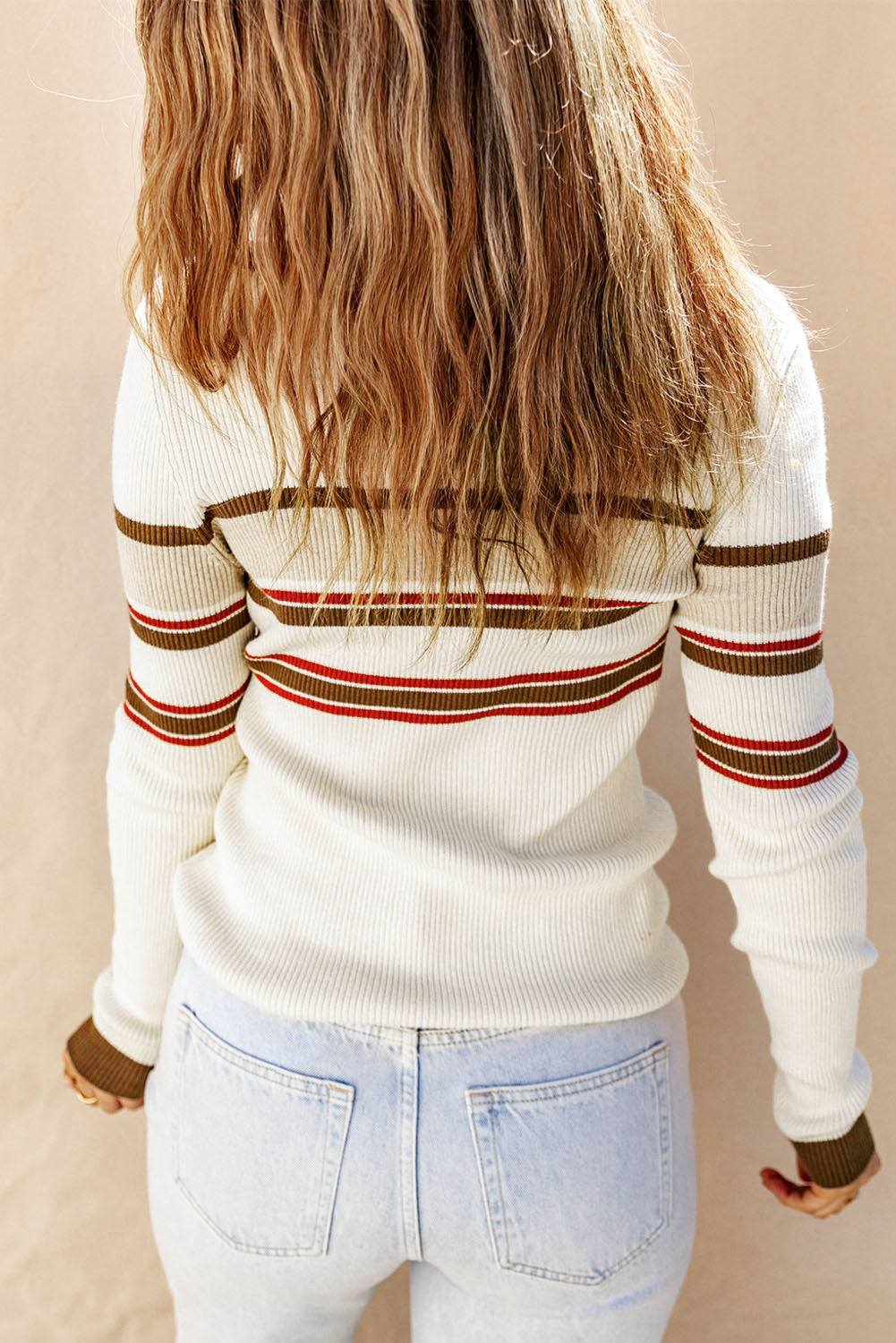 Half Button Contrast Stripe Long Sleeve Knit Top