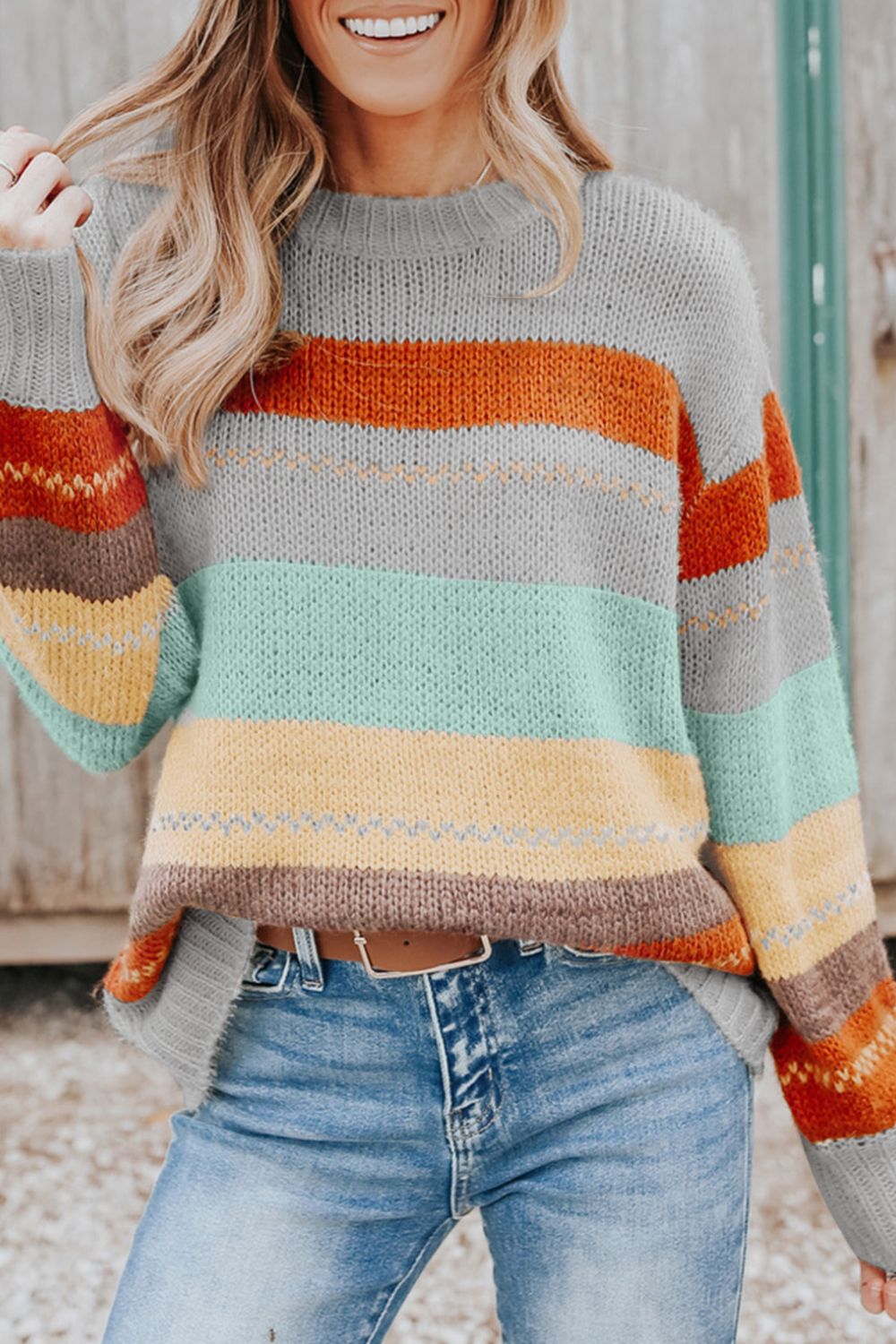 Color Block Round Neck Dropped Shoulder Sweater