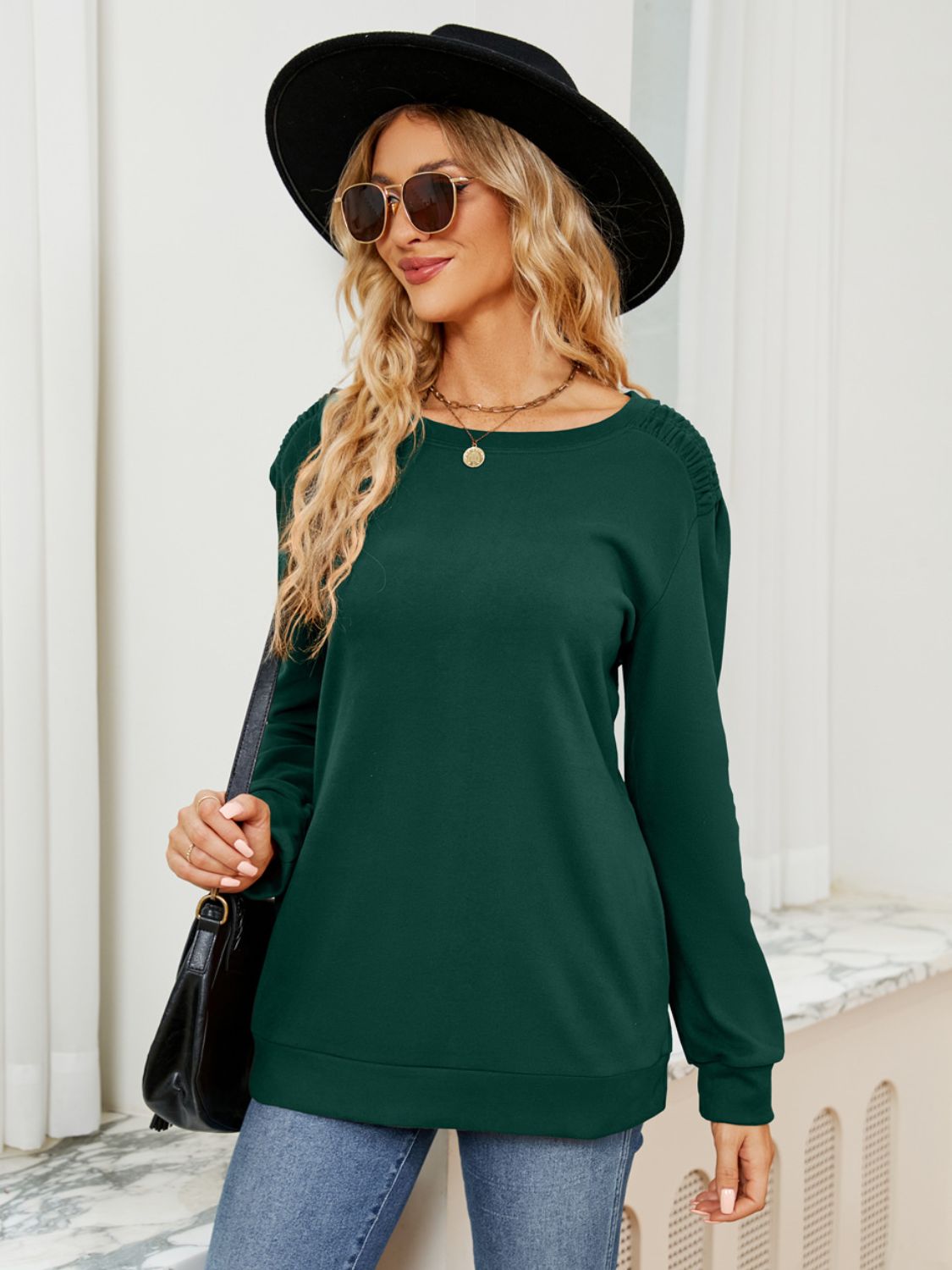 Ruched Shoulder Round Neck Long Sleeve Sweatshirt