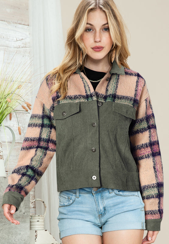 Plaid Corduroy Flap Pockets Button Up Jacket