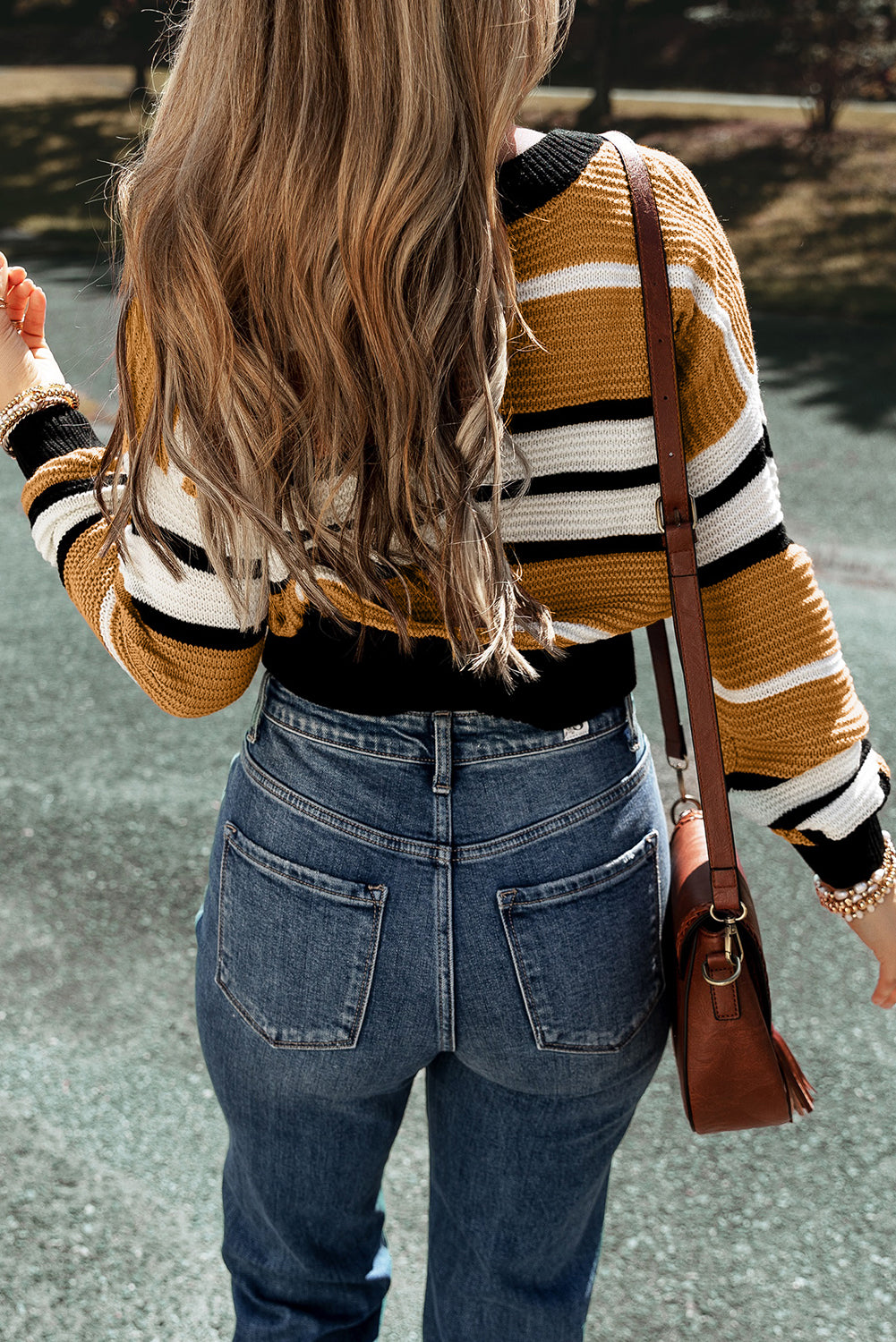 Contrast Stripes V Neck Long Sleeve Sweater