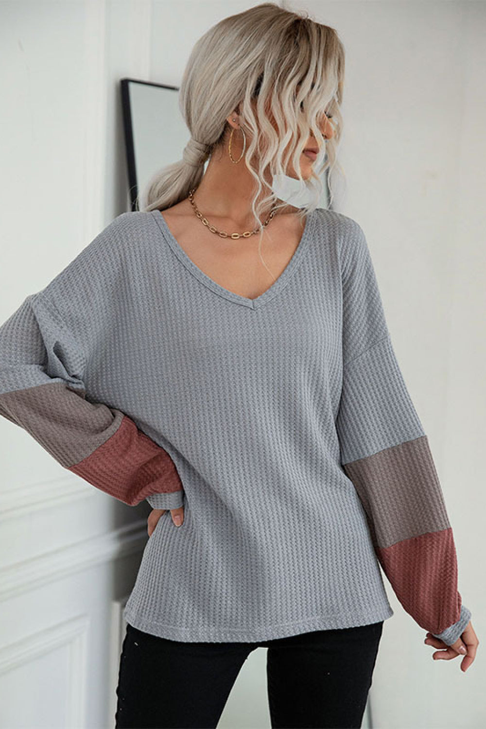 Perfee Color Block Sleeve Waffle Knit Tee