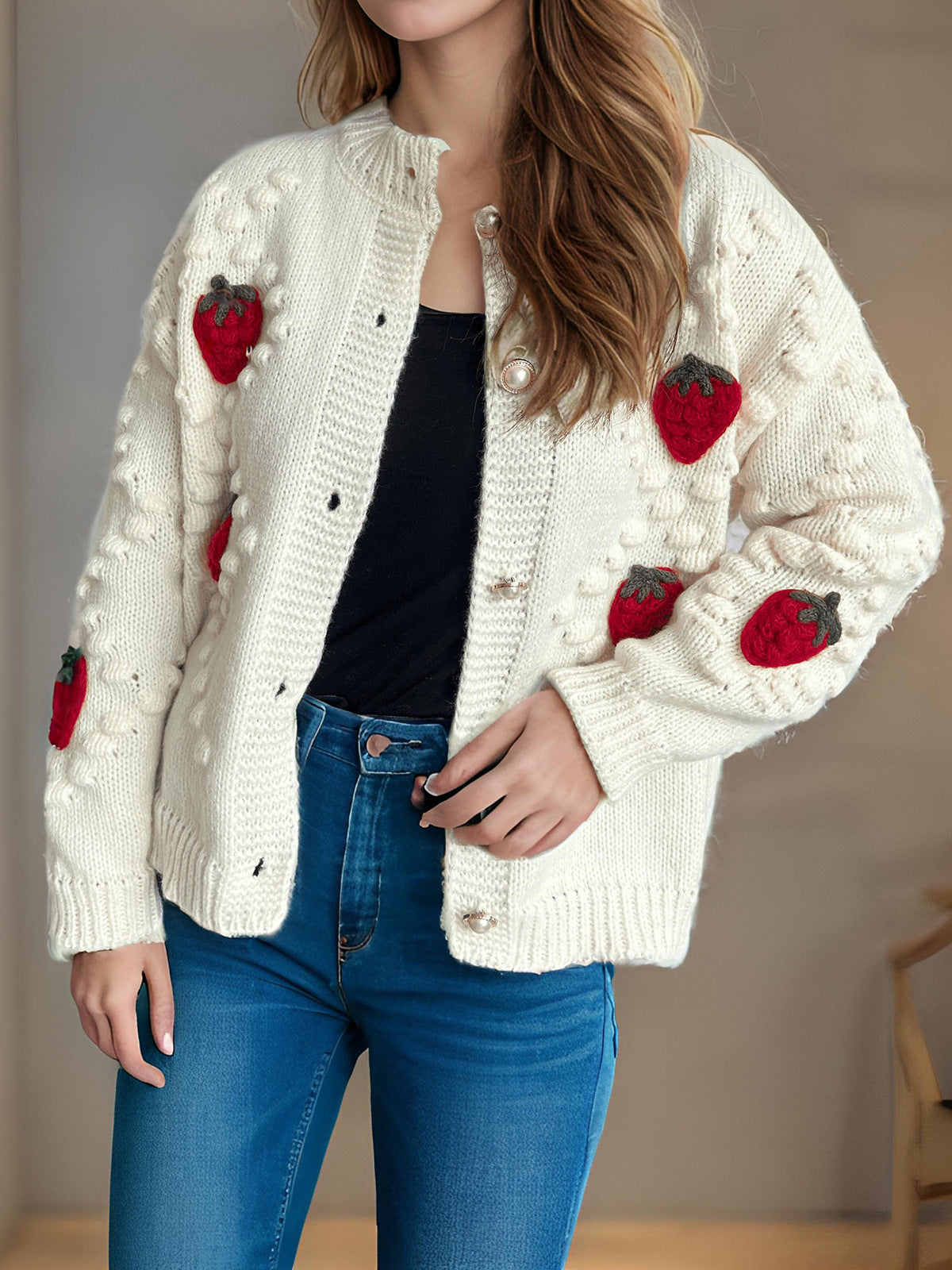 Strawberry Button Down Long Sleeve Cardigan