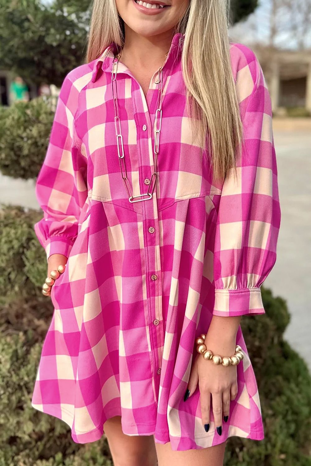 Ruched Plaid Three-Quarter Sleeve Shirt Dress