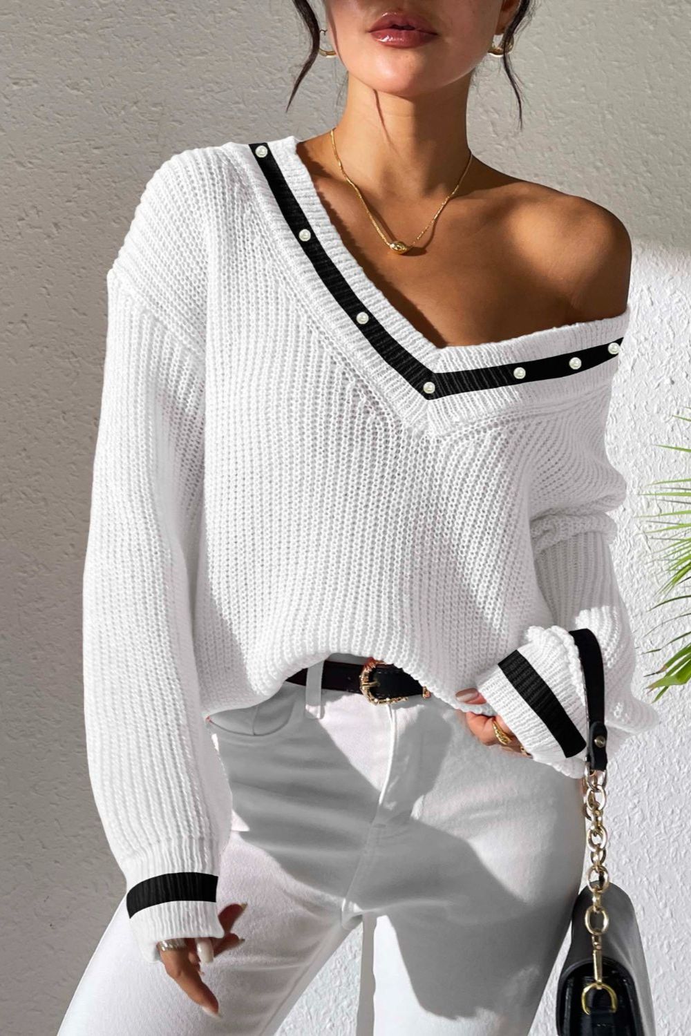 Contrast Trim V-Neck Long Sleeve Sweater