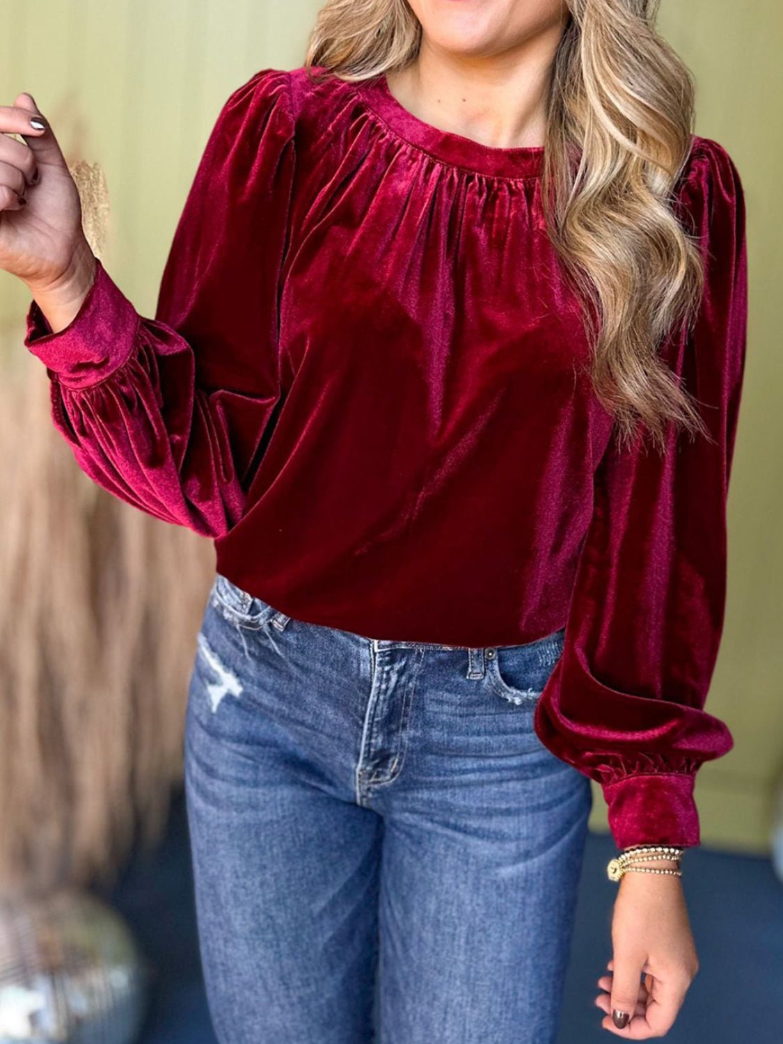 Ruched Round Neck Long Sleeve Blouse