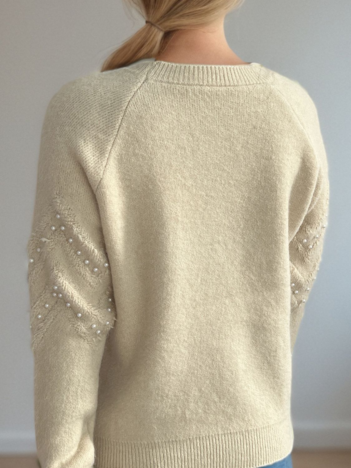 Pearl Trim Round Neck Raglan Sleeve Sweater