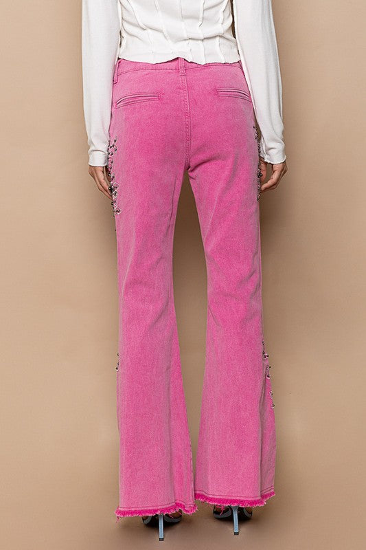 POL Raw Hem Embroidered Flare Pants