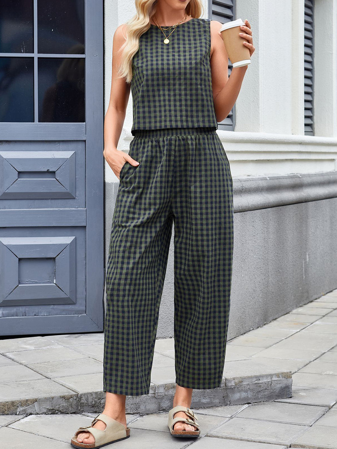 Lovelet Plaid Round Neck Sleeveless Top and Pants Set