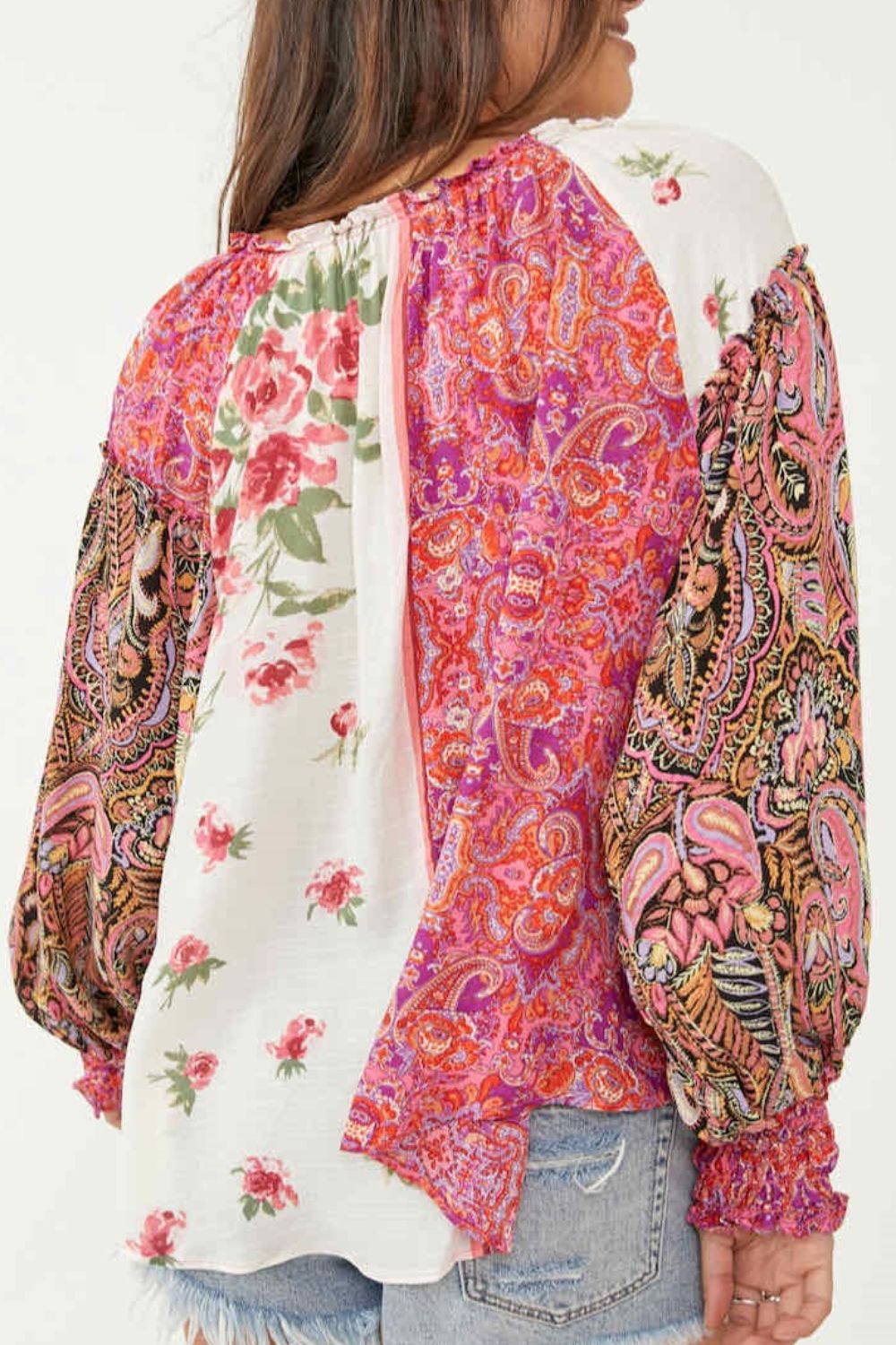 Frill Floral Shirred Cuff Long Sleeve Blouse