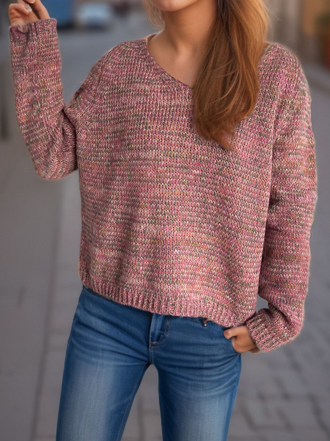 Heathered V-Neck Long Sleeve Sweater