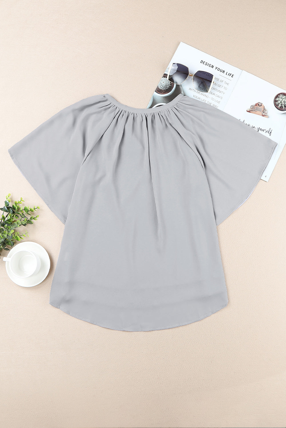 Gathered Detail Notched Neck Flutter Sleeve Top