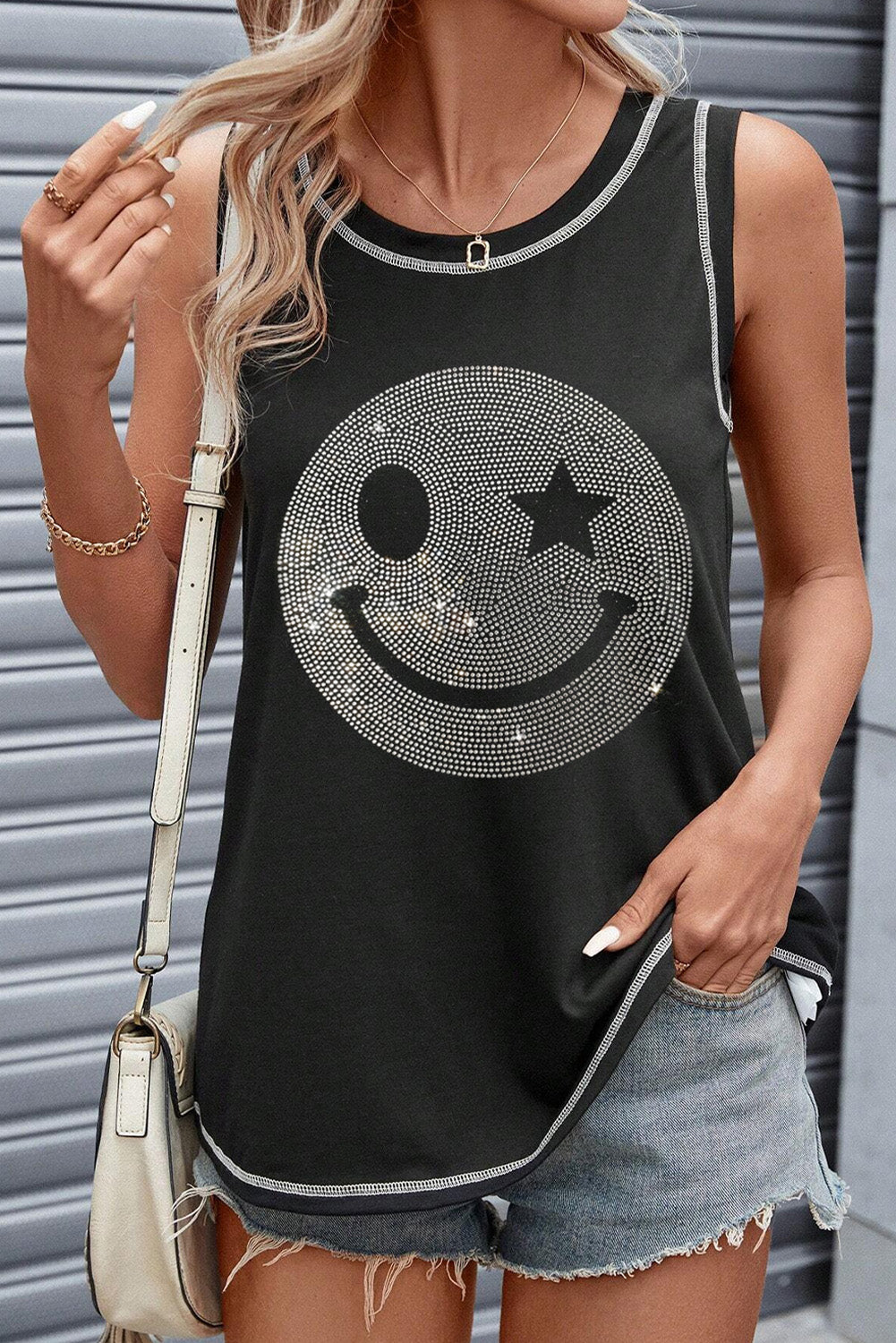 Rhinestone Smile Face Round Neck Tank