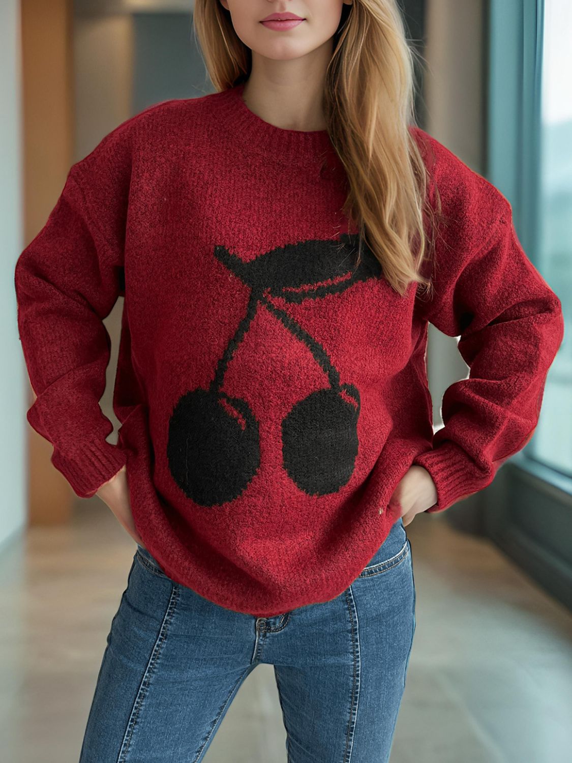 Cherry Round Neck Long Sleeve Sweater