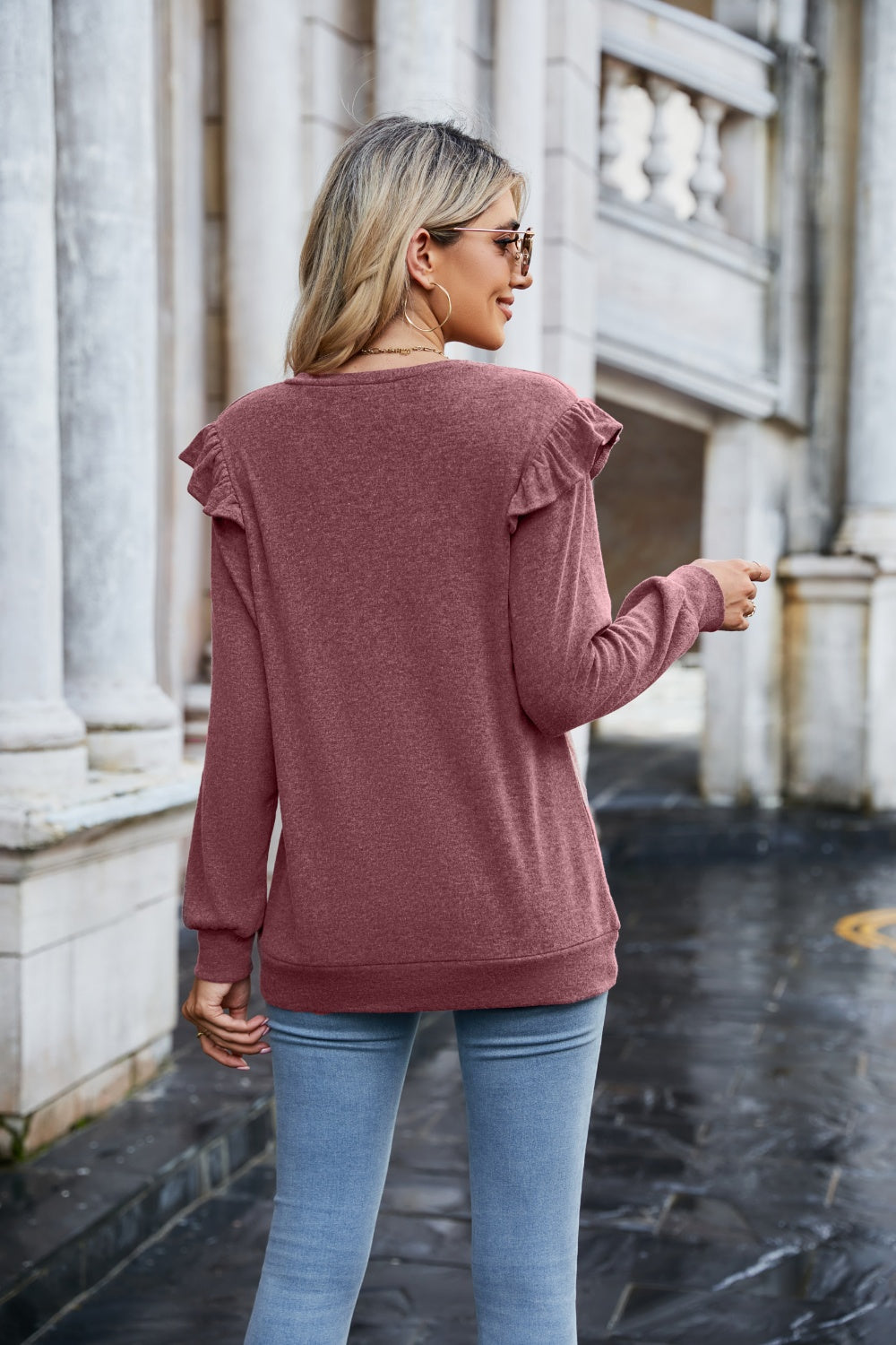 Mandy Ruffled Heathered V-Neck Long Sleeve T-Shirt