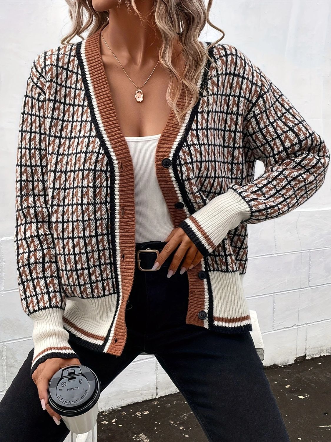 Plaid V-Neck Button Up Cardigan